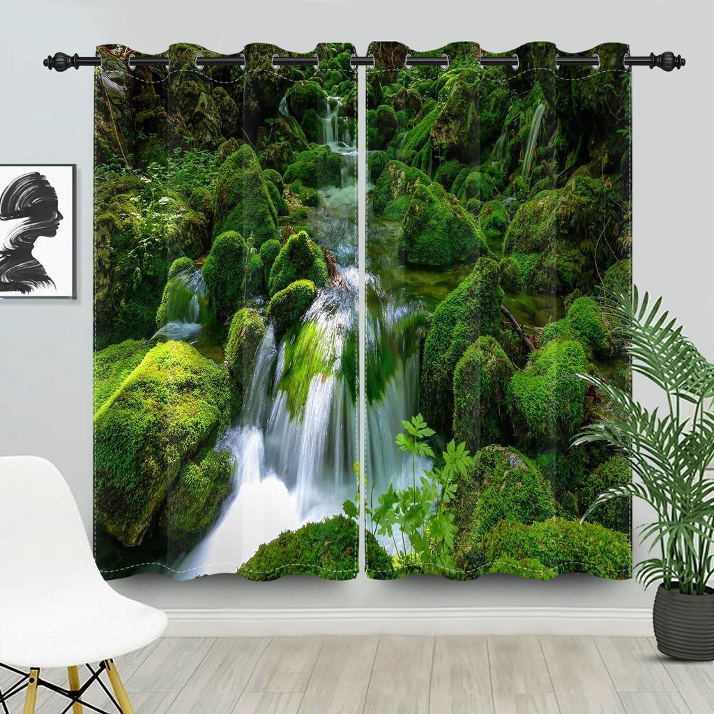 2pcs/set Blackout Curtains Sunny Forest Natural Green Space Landscape Polyester Window Bedroom Kitchen Home Interior Curtains