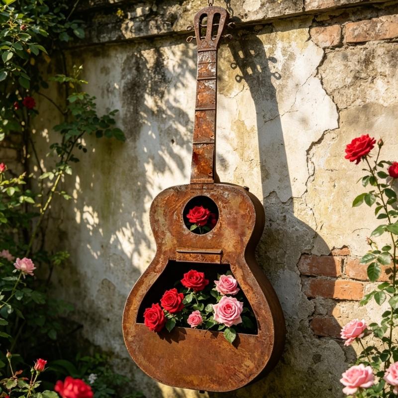 Garden Fence Guitar Flower Pot, Metal Wall Pocket with Front Open Holder for Hanging Porch Wall Display and Entry Wall Setting for Use