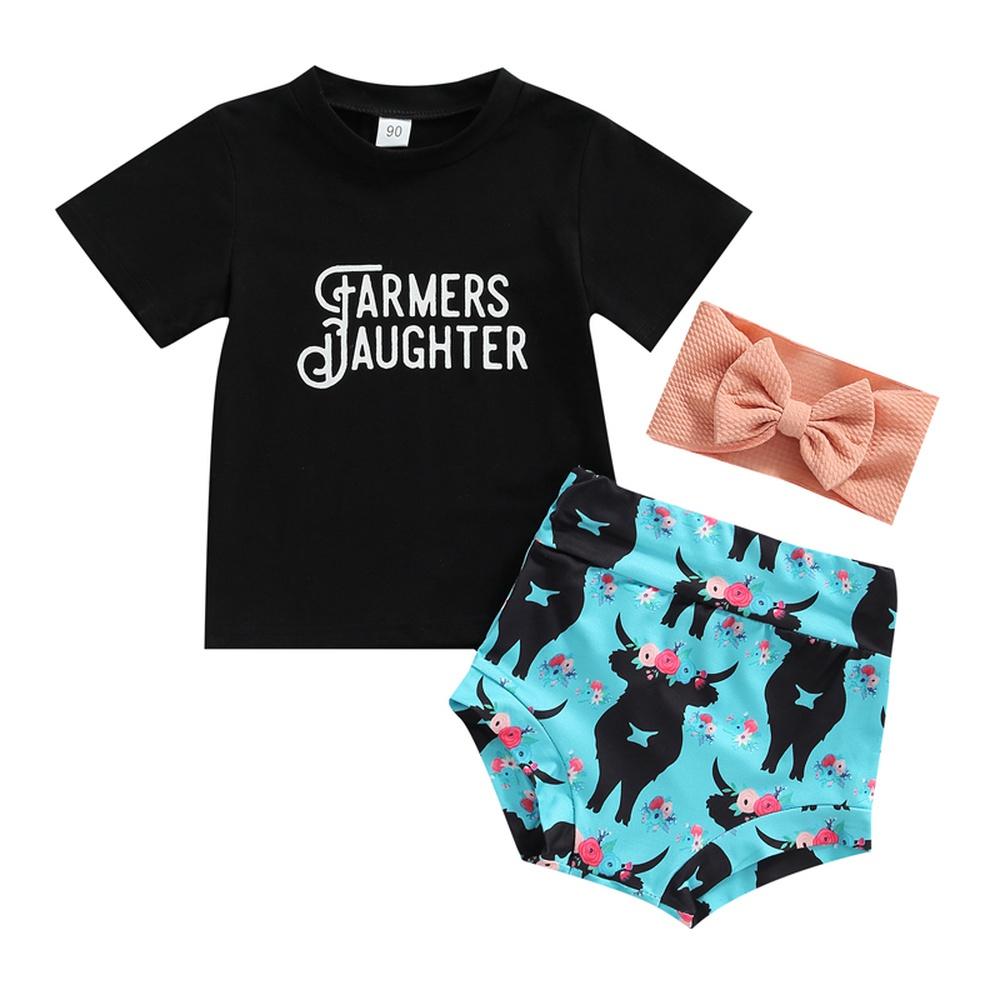 Camiseta preta para bebês meninas de verão + shorts estampados com gado + faixa de cabeça 3 peças roupas para 0-24 meses