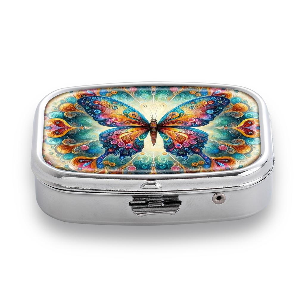 Portapillole Portatile con 2 Scomparti, Mini Custodia Organizer in Metallo per Medicine, Carino Contenitore Stampato per Pillole, Vitamine, Gioielli, Viaggio, Uso Quotidiano