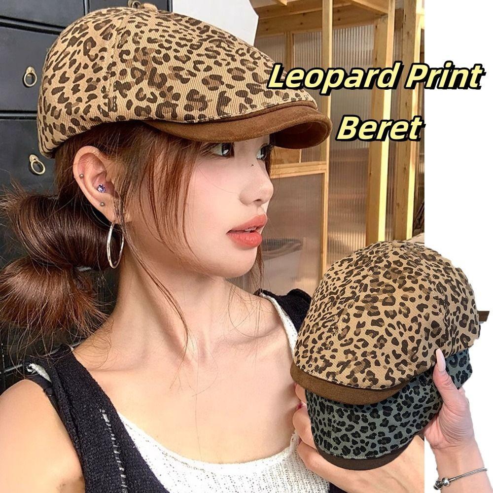Vintage Leopard Newsboy Cap Y2k Painter Cap American Leopard Print Beret  Spicy Girls