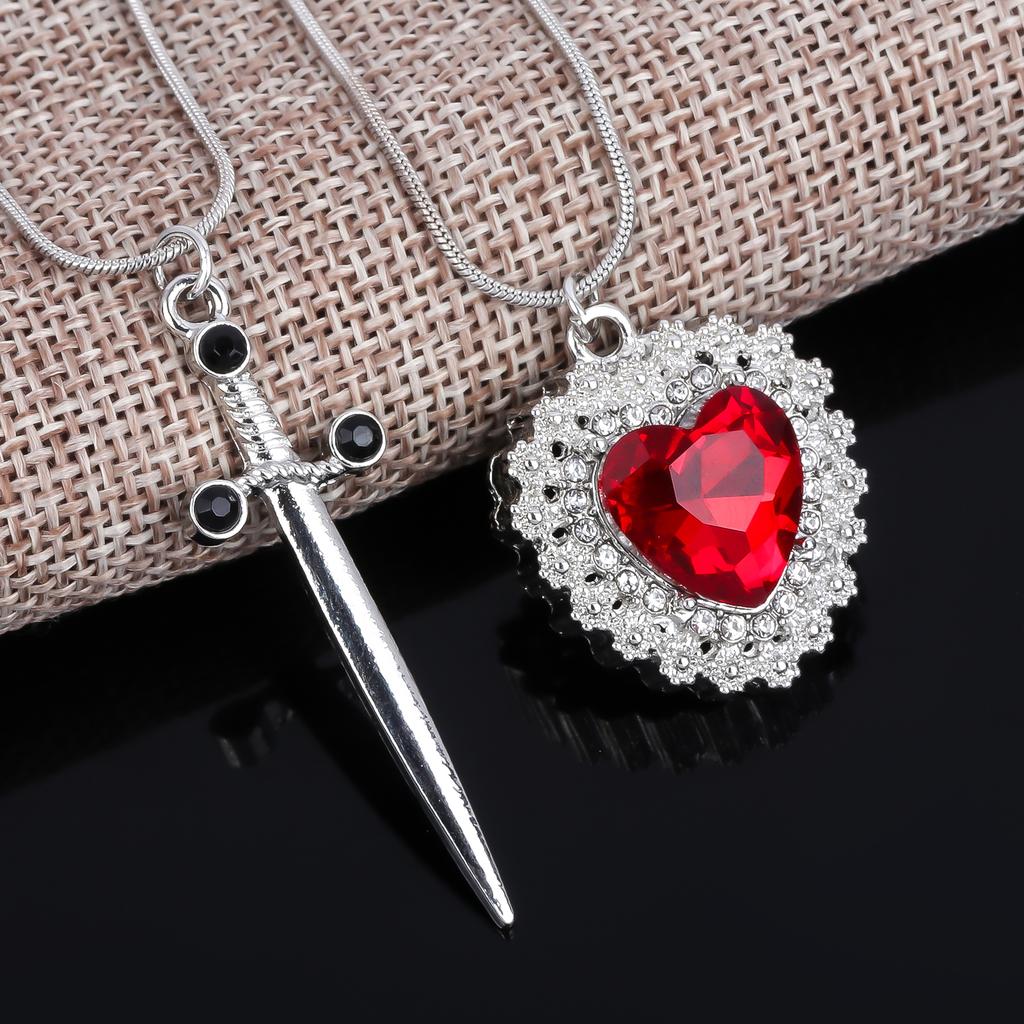 Gothic Punk One Arrow Through The Heart Creative Two Color Couple Necklace Red Rhinestone Heart Dagger Necklace Good Friend Gift