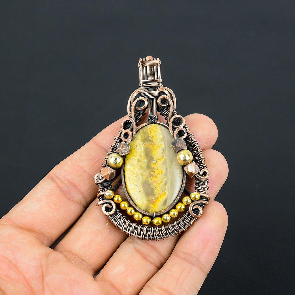 Bumblebee Jasper Pendant, 999 Copper Wire Wrapped Gemstone Jewelry, Handmade Pendant, For Mother Day