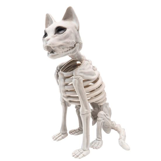 Kostra Kočky Halloweenská Dekorace Strašidelná Sedící Kostra Kočky Figurka Plastové Zvířecí Kosti s Pohyblivými Klouby pro Hřbitovní Scénu Strašidelné Domy