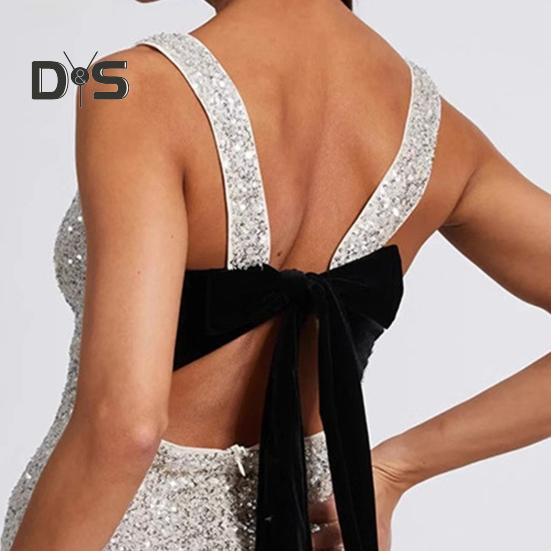 Dámské večerní šaty na ples, koktejlovou párty, mini šaty s flitry, mašlí na zádech, bez rukávů, slim fit, kulatý výstřih, krátké šaty pro herečku, celebritu