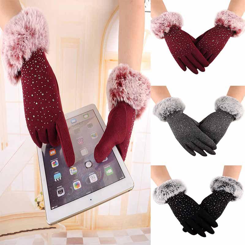 Winter Womens Fashion Outdoor Sport Warm Fur Crystal Thick Finger Mittens Gloves