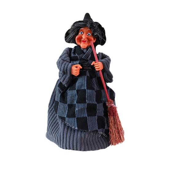 Halloween Witch Doll Standing Witch Figure Holding Broomstick Desktop Spooky Witch Figurine for Halloween Party Mantel Dining Table Decor