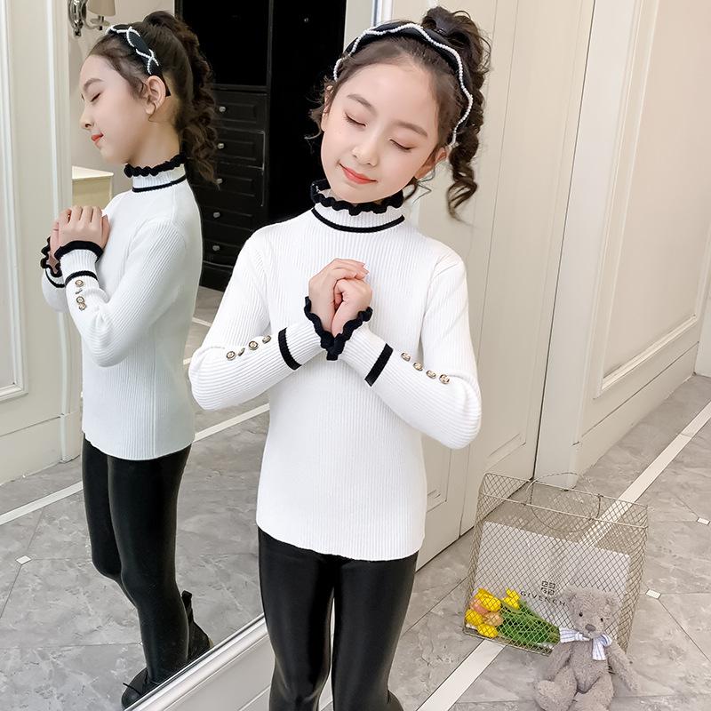 

Свитер для девочек, новый осенне-зимний корейский стиль, цельный детский бархатный базовый свитер с флисовой подкладкой и утолщенным верхом, вязаный свитер 160cm белый