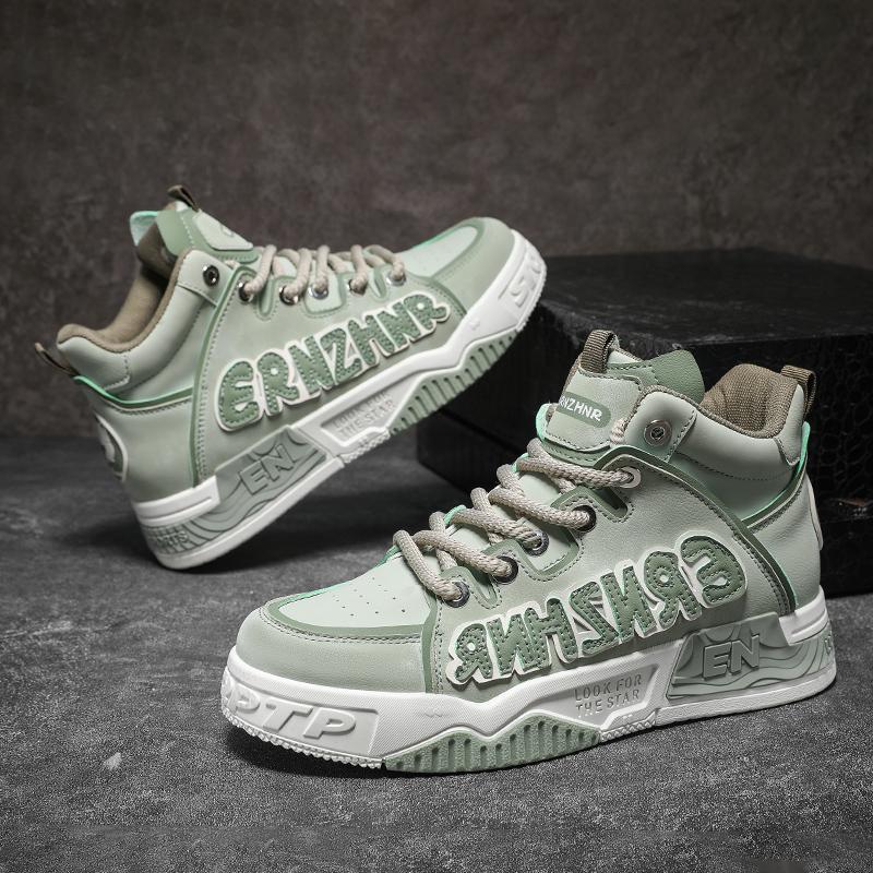 Mens Skate Shoes Flat High-top Leather Comfortable Outdoor Walking Casual Footwear Trendy High-top Lace-up Tennis Sneakers Man