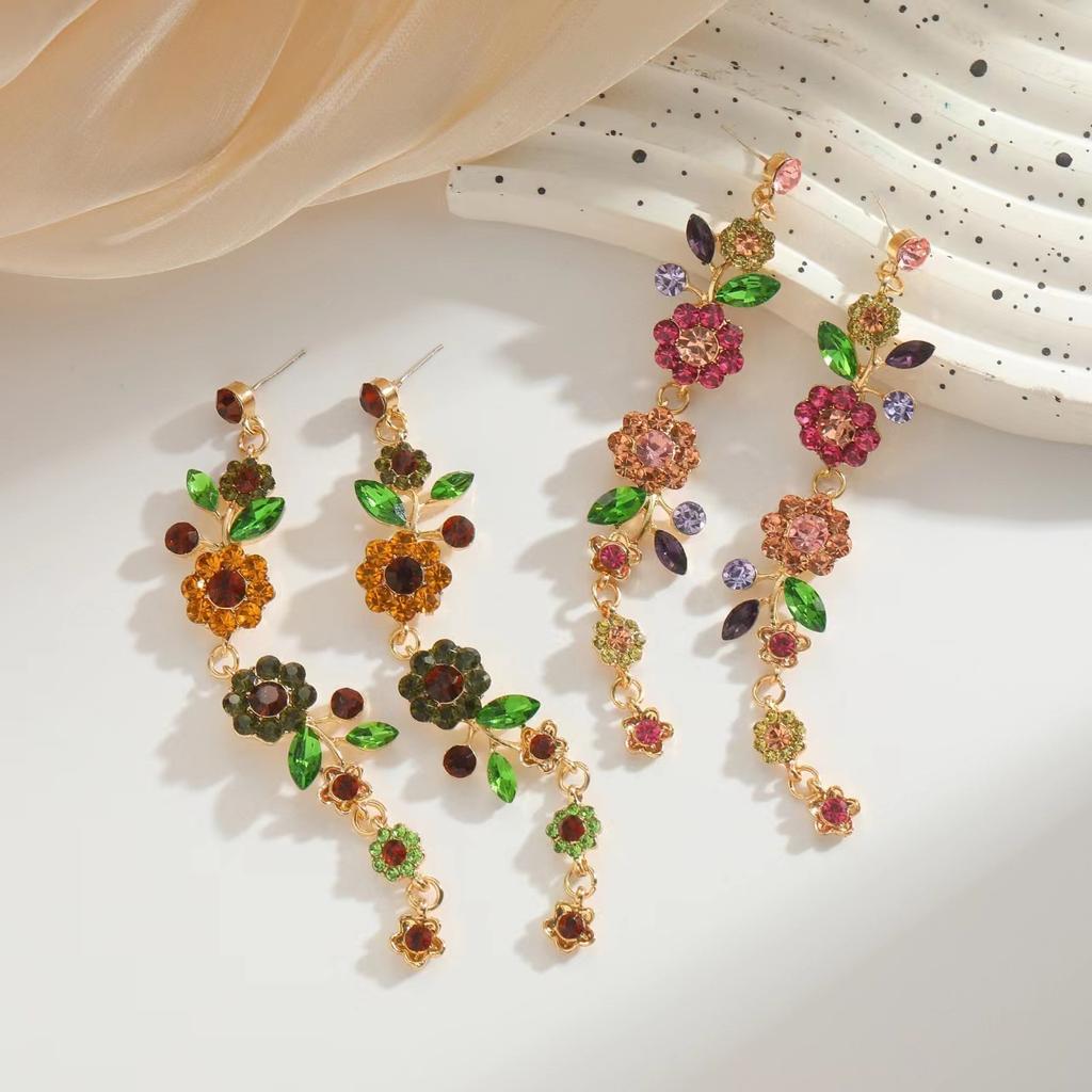Multi-layer alloy diamond petal earrings, bohemian vintage flower fringed earrings