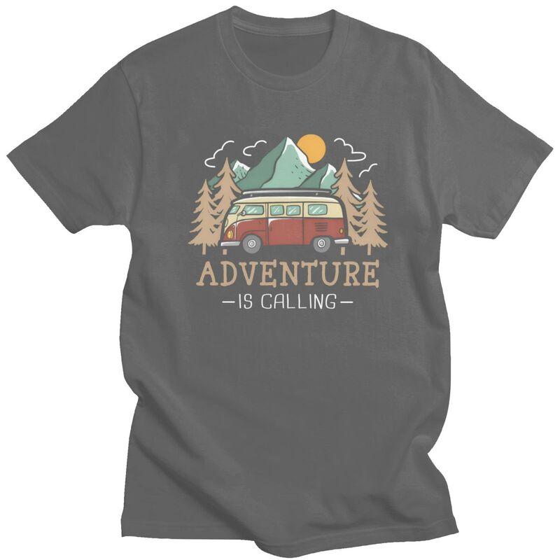Male Happy Camping Mountains Adventure Is Calling T Shirts Short Sleeves Cotton Tshirts Anniversary Birthday Gift Casual Tees