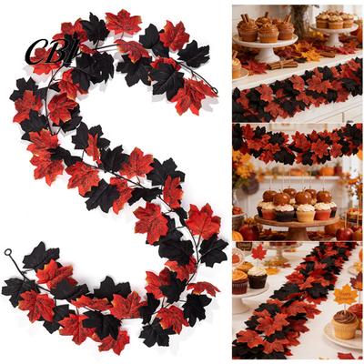 Rattan Branch Decor Artificial Maple Leaf Garland, Autumn Faux Vine, Black & Red Fall And Garland Leaves Hanging Vine for Fireplace Front Door
