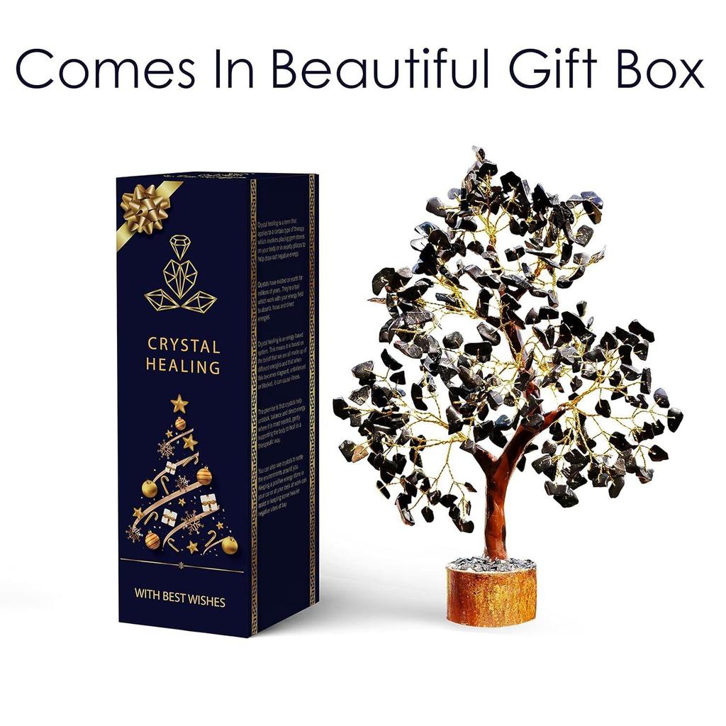 Crystals and Stones, Black Tourmaline Crystal Showpiece for Home Decor Decoration Bonsai Money Tree, Size 10-12 Inches, Black Golden Wire. 1 Piece