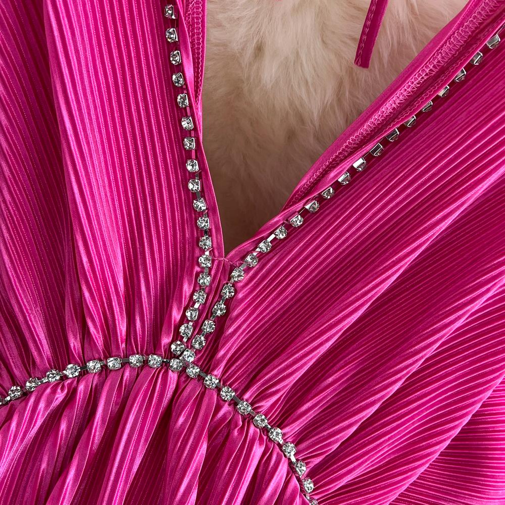 High-end Sexy Temperament Lose Design V-ausschnitt Open-back Taille Fledermaus-ärmel Plissee Kleid Sommer