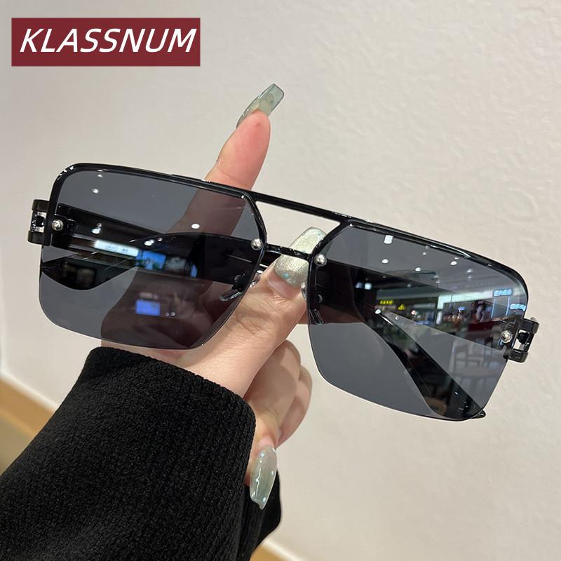 KLASSNUM Eyewear Sunglasses Women Men Summer Beach Large Metal Square Frame Sun Glasses Fashion Party Eyeglasses Driving Goggles