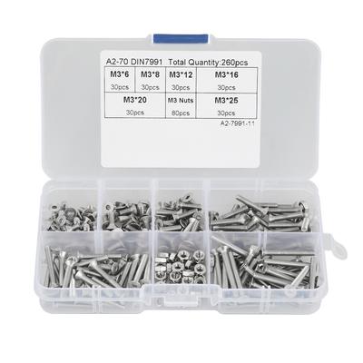 260pcs M3 304 Stainless Steel Hex Socket Flat Head Screw Bolts Nuts Kit With Box