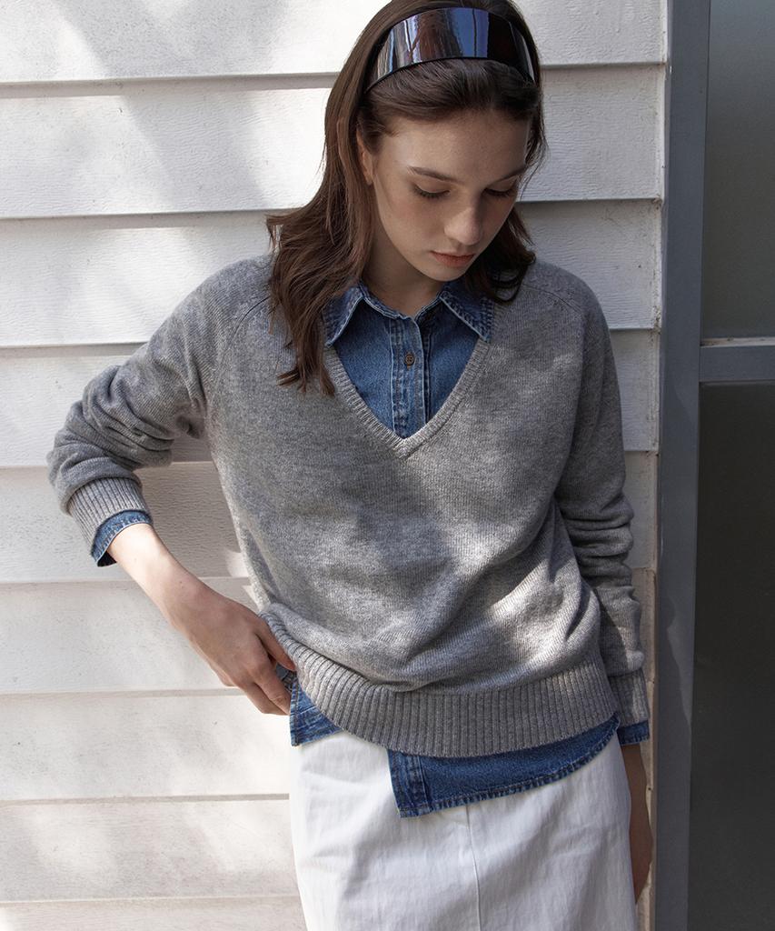 WEDNESDAYOASISFORWOMEN Nive Lambswool Deep V-Neck Knit_Gray(Wcb6Kn75)