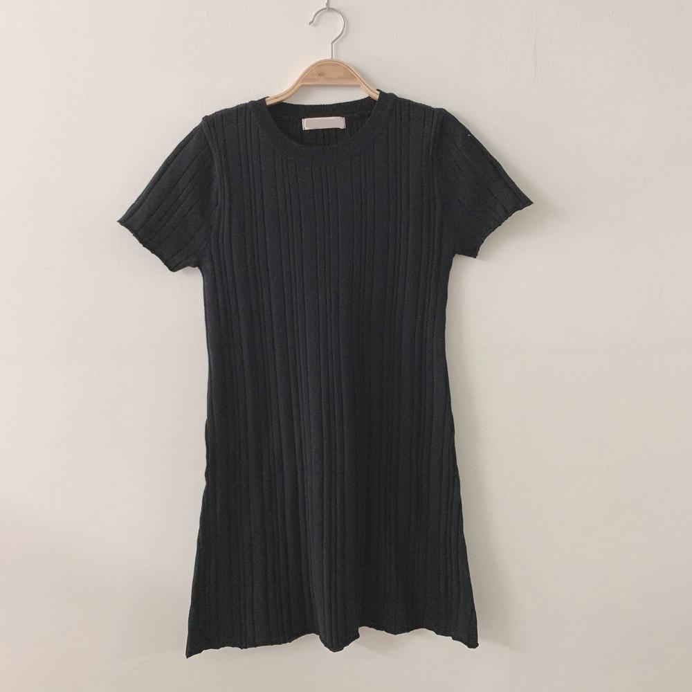 Korean Chic Ribbed Ice Silk Slim Fit Bodycon Knit Dress - Women's Short Sleeve, Round Neck