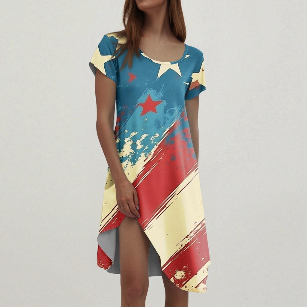 Short Sleeve Boho Dress For Women Casual Loose Fit Summer Sundress Print Dress With Pockets