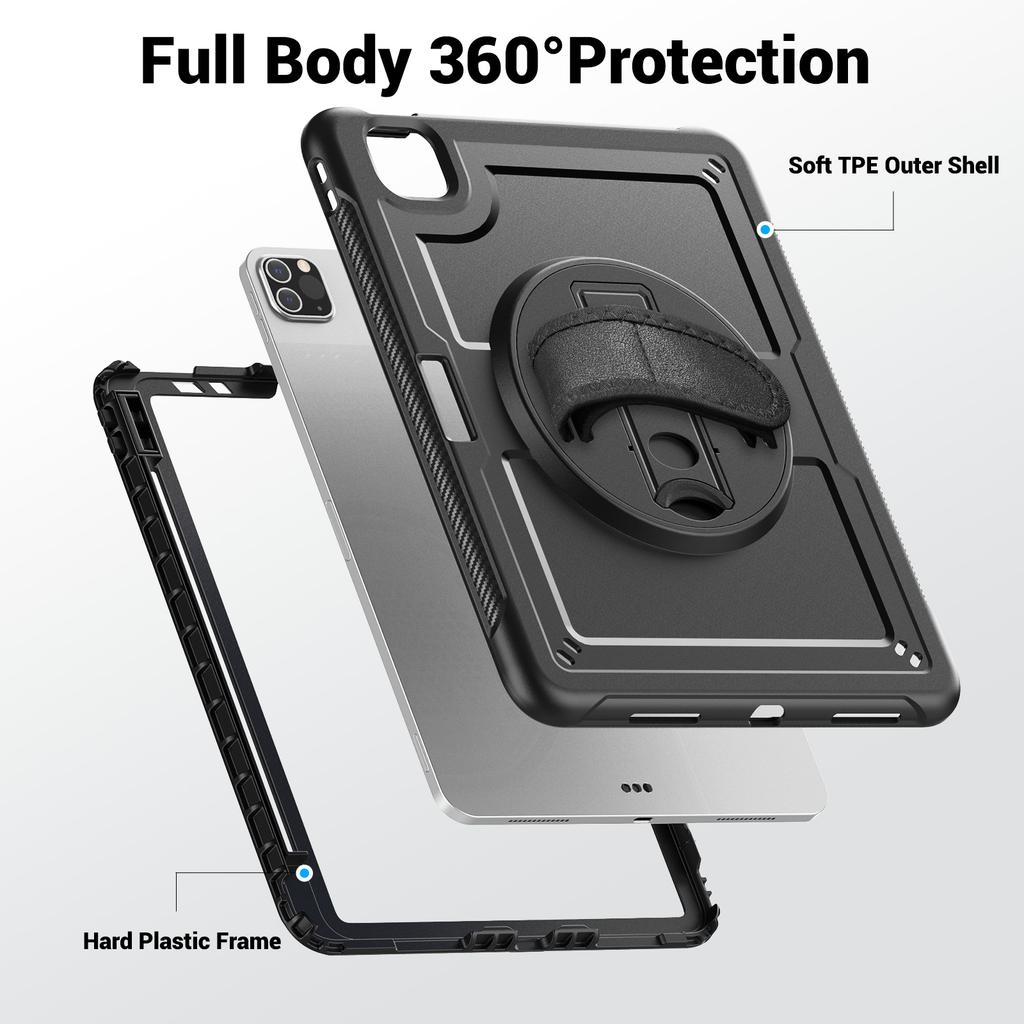 For iPad Pro 11 (2025)/11 (2024) Case Kickstand PC TPE Tablet Cover with Hand Strap