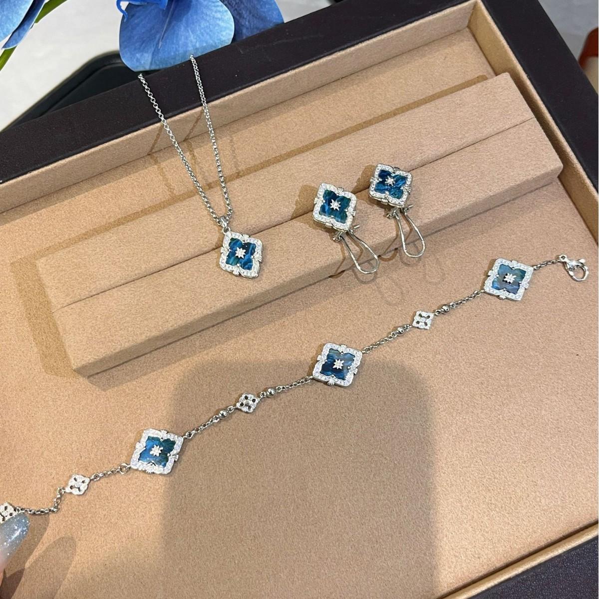 2026 Vintage Clover Blue Phosphor Ash Necklace Bracelet Earrings Flower Set High-end Versatile Hand Jewelry 45CM