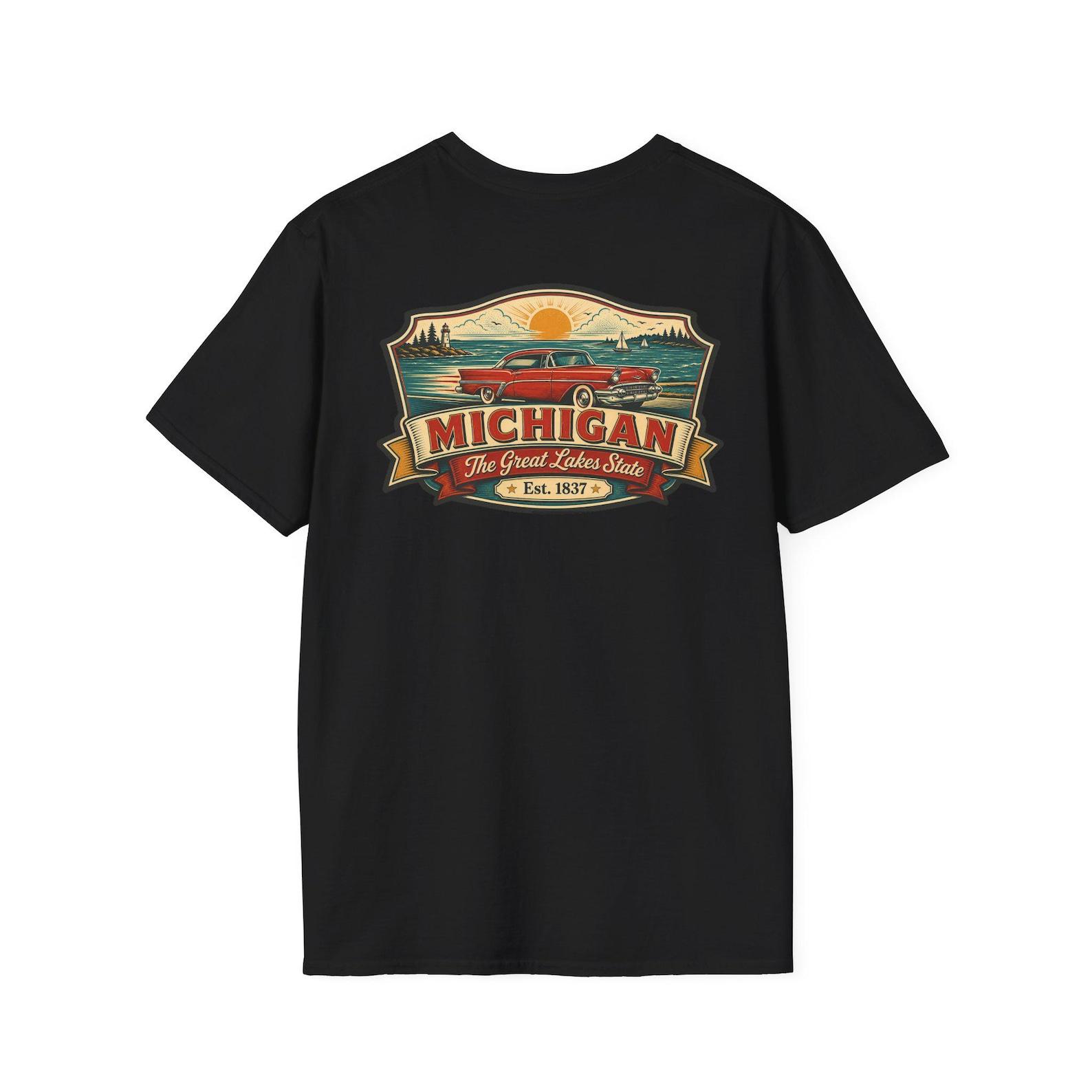 Michigan Great Lakes T-Shirt | Vintage Mid-Century Travel Luggage Tag Tee | Great Lakes State Souvenir | MI Road Trip Gift 4XL