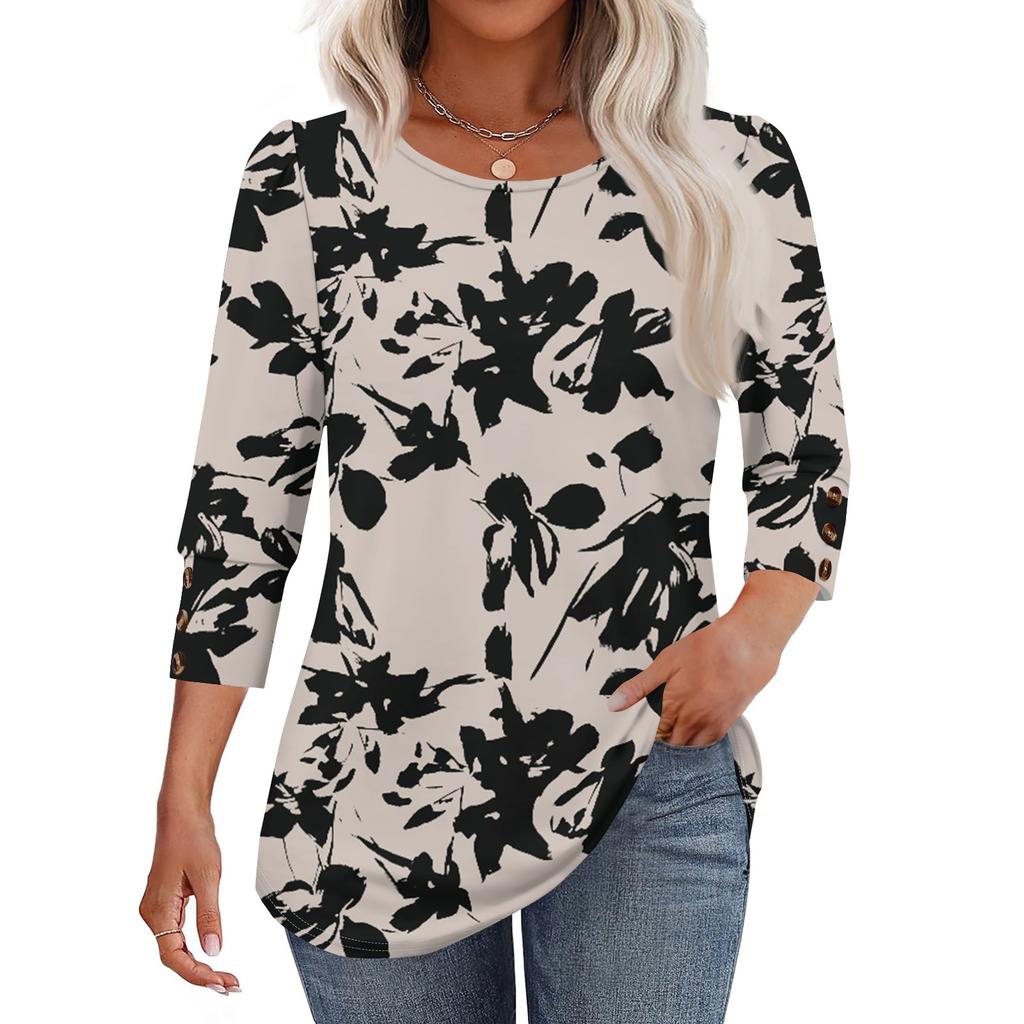 Womens Tops 3/4 Sleeve With Buttons Casual Blouses Summer Outfits Beach Vacation Clothes