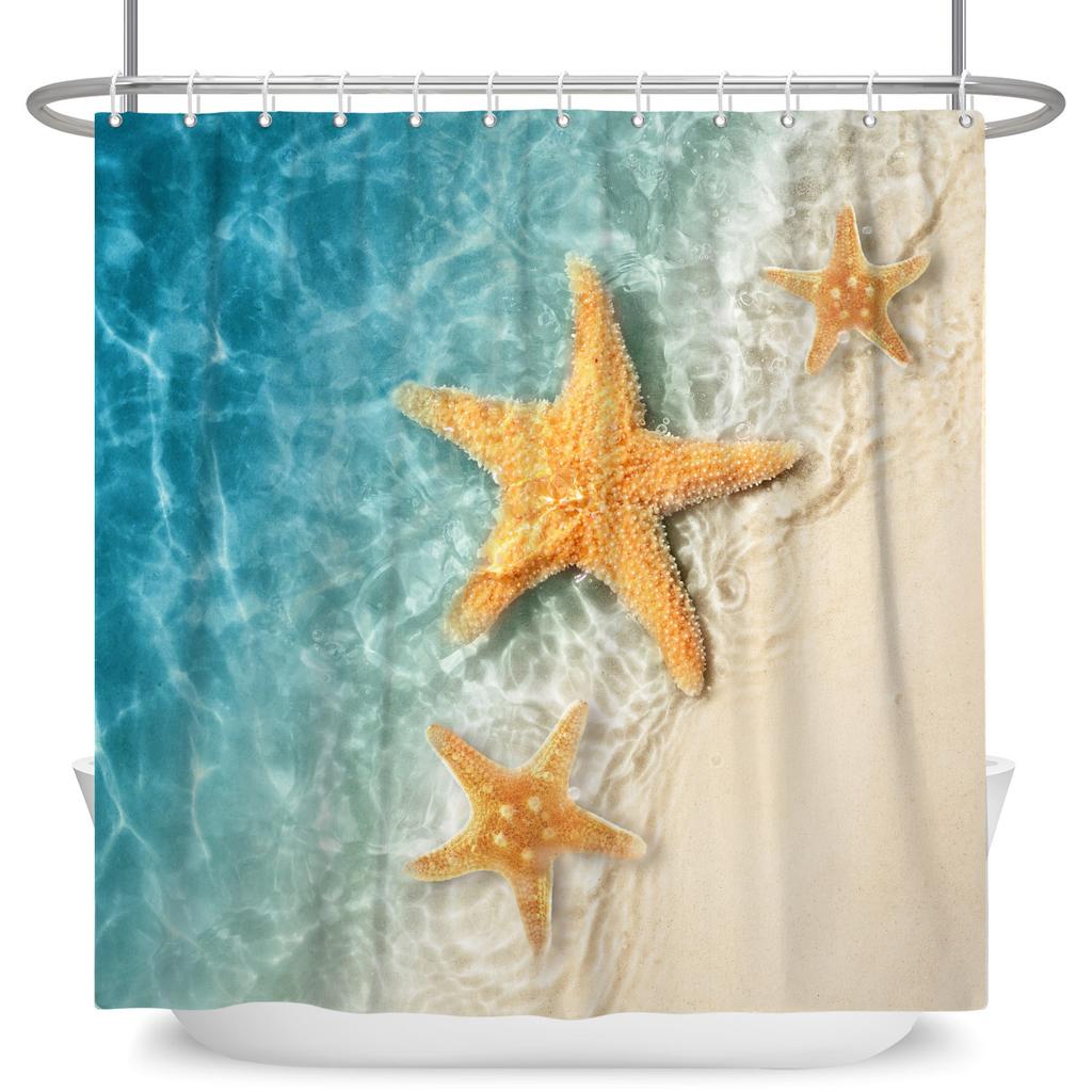 Tropical Starfish Shower Curtain with Hooks Waterproof Polyester Bathroom Curtain Ocean Beach Design Easy Clean Bathtub Curtains