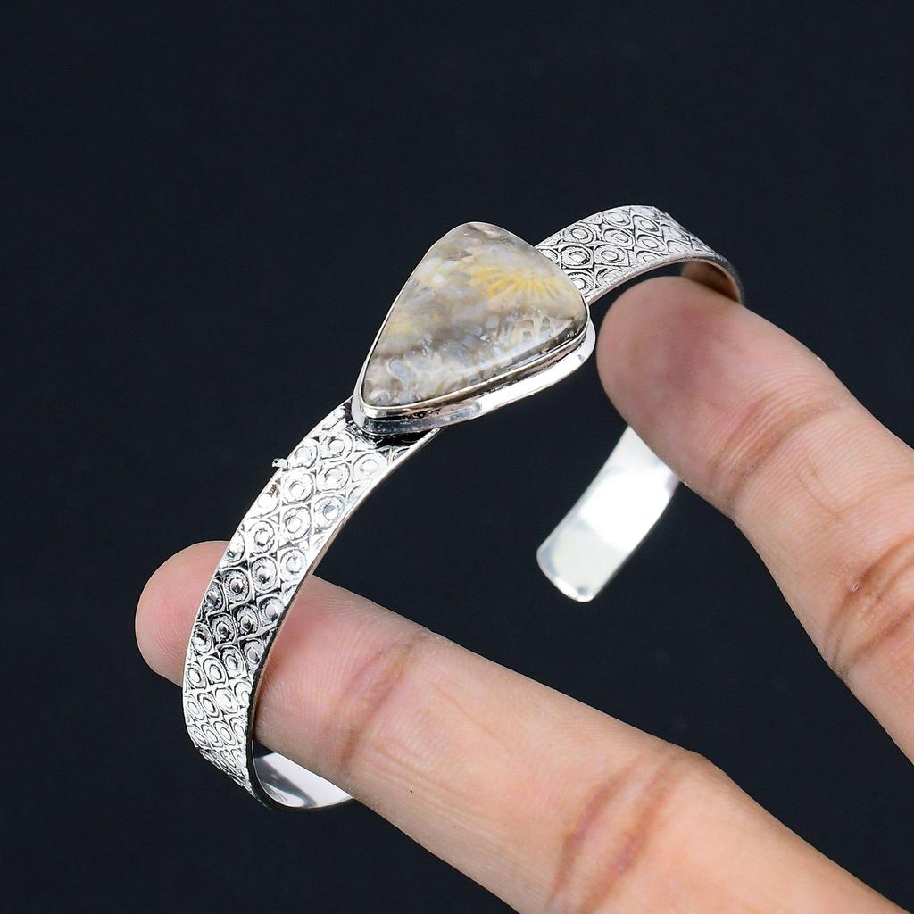 Daughters Day Deal Sterling Silver Natural Fossil Coral Wedding Bangle Jewelry