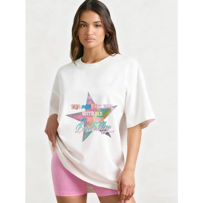 

Oversized T-Shirt Black Star Graphic Print With Text No Question Casual Streetwear Fashion Top For Women Summer Outfit XXXXL белый