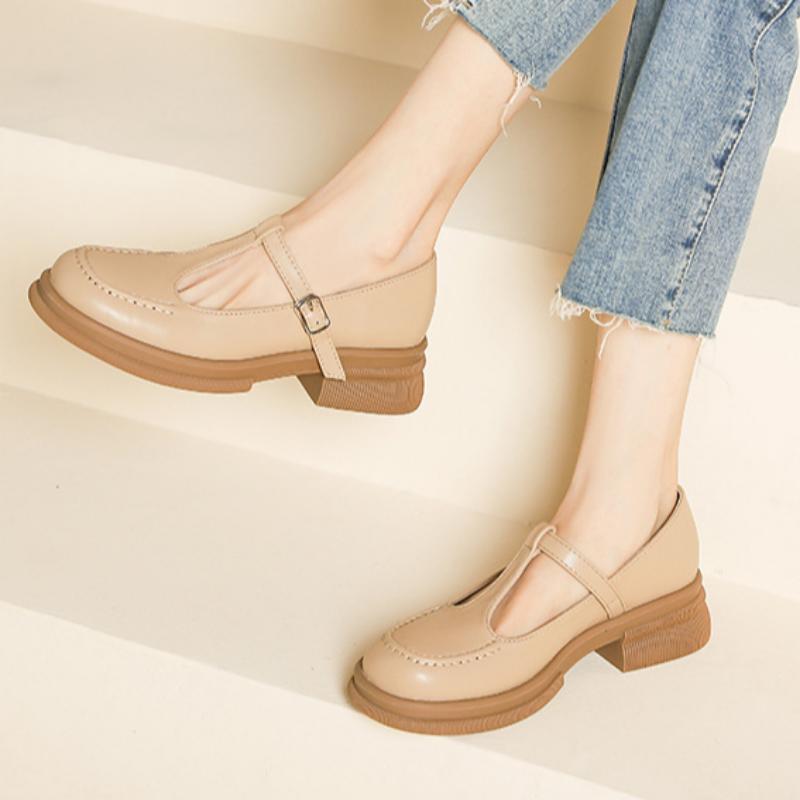 Zapatos Casuales de Cuero de Boca Baja y Tacón Medio con Suela Gruesa para Mujer