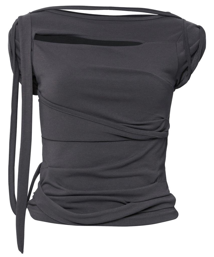 Peulleeoeob Asymmetrical Draped Strap Roll-Up T-Shirt (Fl-170_Charcoal)