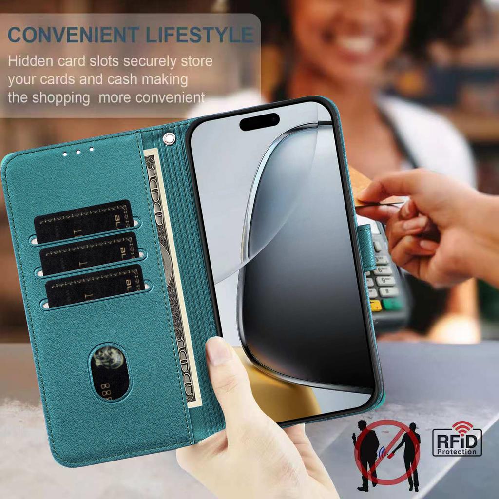 Für iPhone 17 Pro Hülle RFID-blockierende Geldbörse Ständer Geprägtes Katzenmuster Leder Klapphandyhülle mit Armband