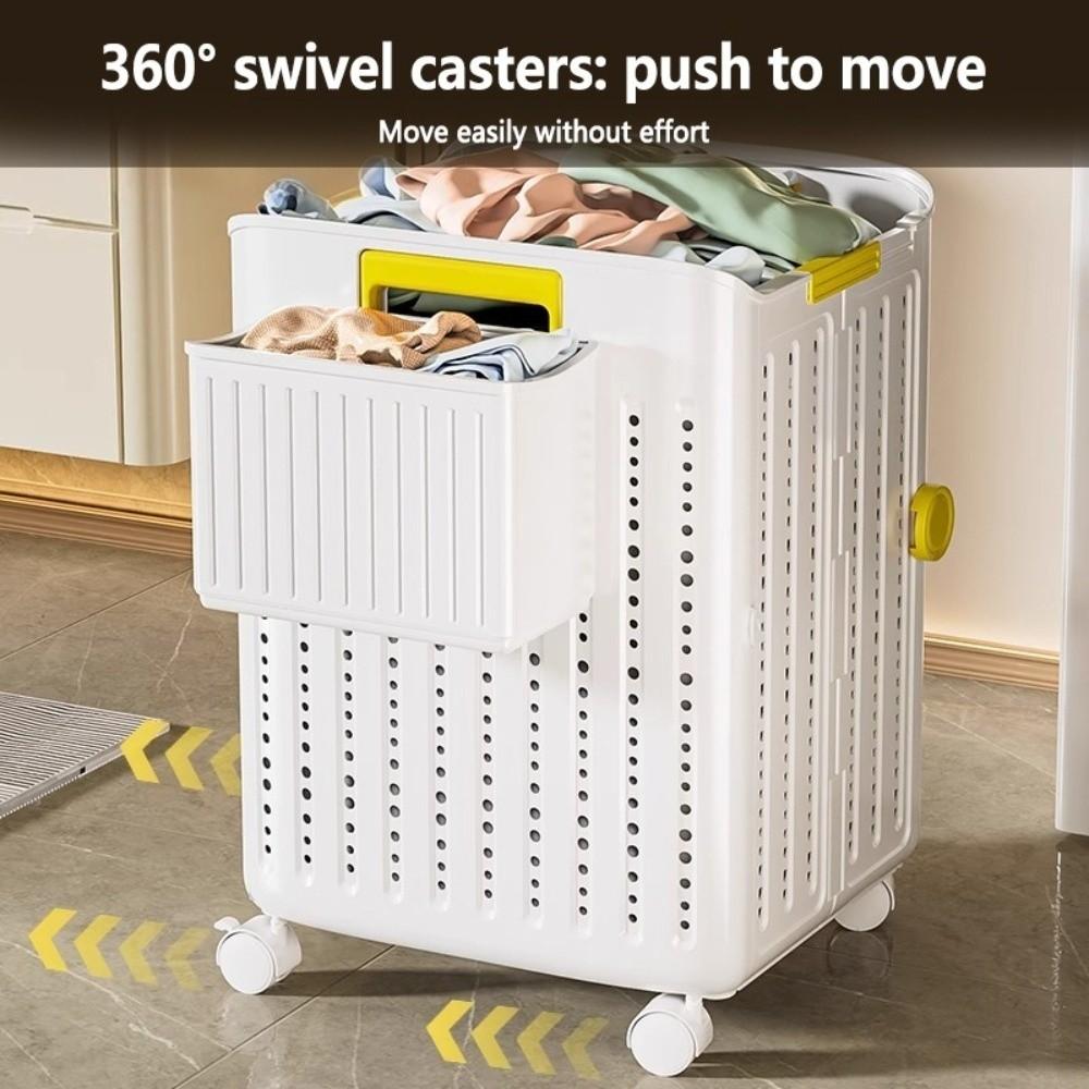 Household Storage Basket Foldable Hollow Out Dirty Clothes Basket with Movable Sliding Wheel Plastic Sorting Basket