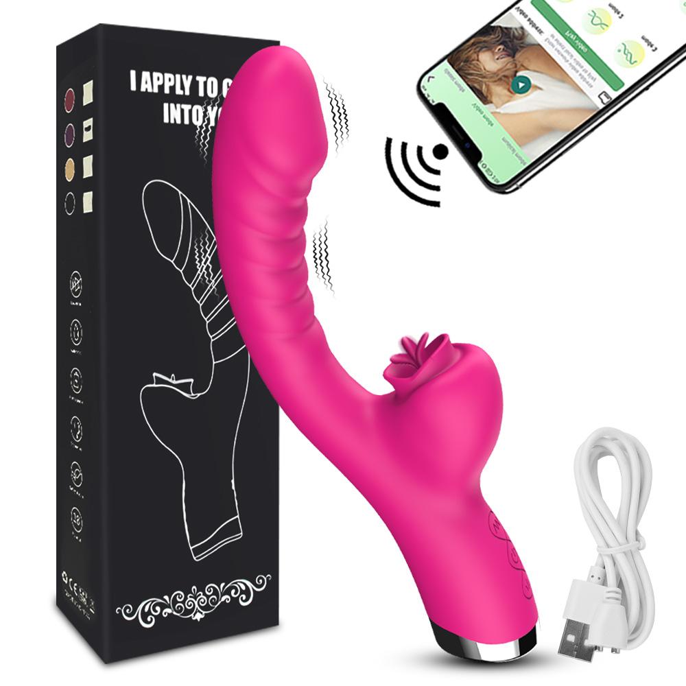 2-i-1 Kvinner App Tunge slikker Vibrator Klitoralmassasje G-Punkt Orgasme Kraftig vibrerende Dildo Stimulator Kvinnelige Voksen Sexleketøy