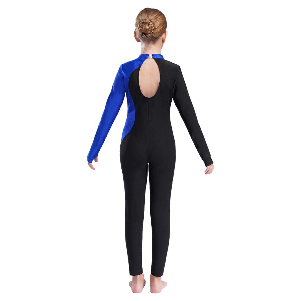 Girls Sparkly Rhinestone Jumpsuit Long Sleeve Round Collar Hollow Back Patchwork Style Dance Performance Outfit