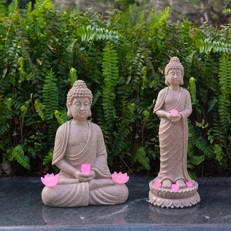 Solar-Powered Outdoor Buddha Statue Garden Decor Resin Sculpture Zen Courtyard Landscape Ornament