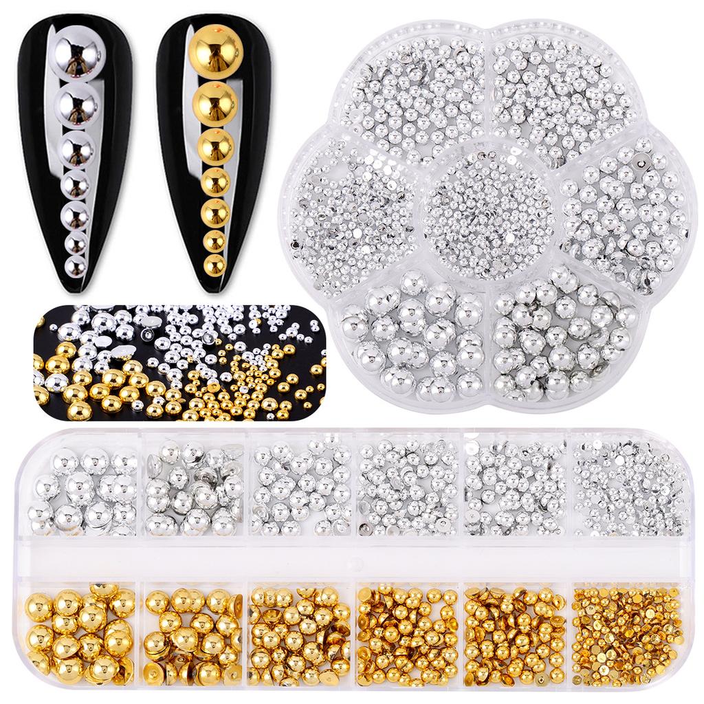 12-Grid Box Of Gold And Silver Abs Semi-Round Pearl Manicure Jewelry Diy Mixed Pearl Jewelry