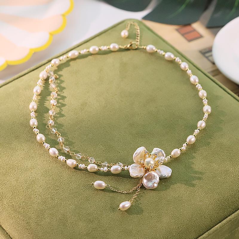 GLSEEVO Natural Freshwater Pearl Flower Necklace for Women Wedding Bridal Engagement Party Pearl Floral Necklace Dainty Jewelry