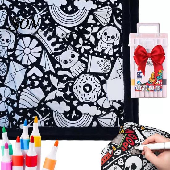 Personalized Blanket with Fabric Markers DIY Coloring 24 Markers, Color Your Own Blanket, 59" X Soft Polyester for Painting 45" Cozy Throw Sofa,