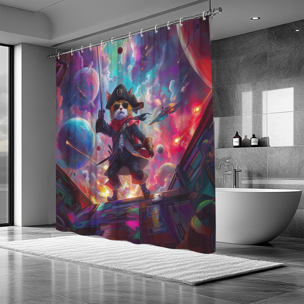 Space Pirate Cat Waterproof Mildew-Resistant Shower Curtain - Fun and Vibrant Design for a Unique Bathroom Décor Experience