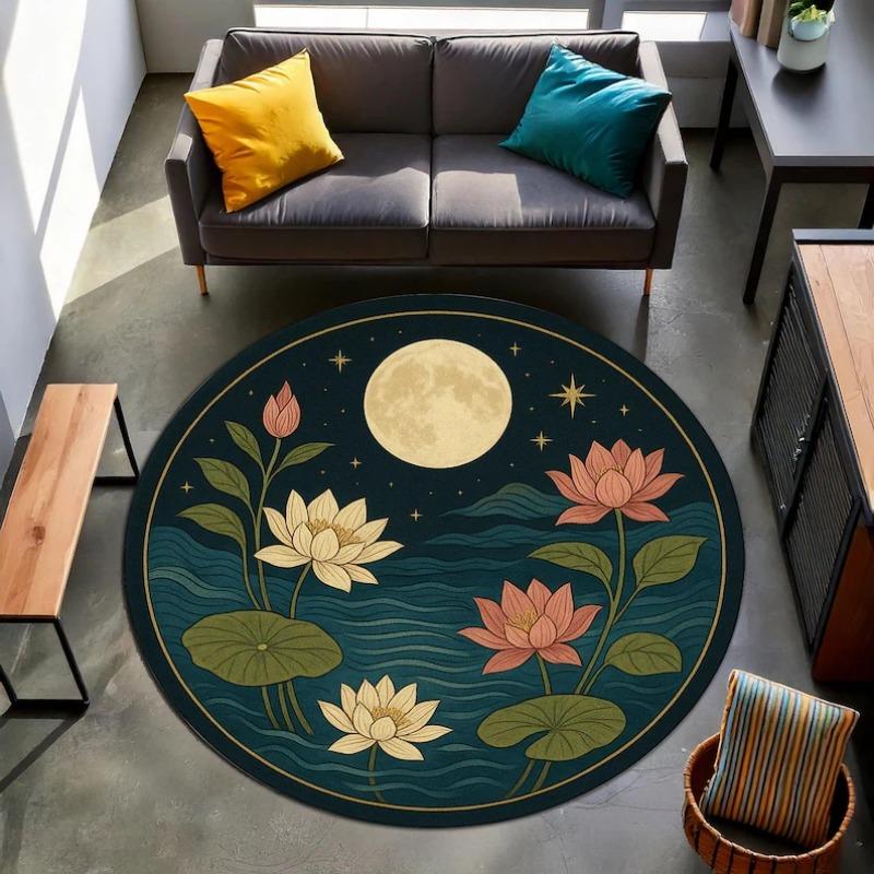 Lotus Flower and Moon Round Rug – Celestial Botanical Carpet with Stars and Nature Inspired Design for Boho Living Room