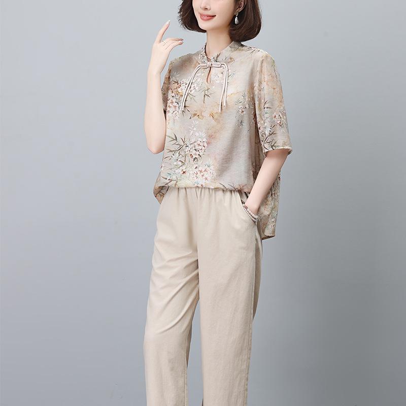 2024 Letní Dámský Národní Styl Bavlněno-Lněný Dvoudílný Set pro Křivky