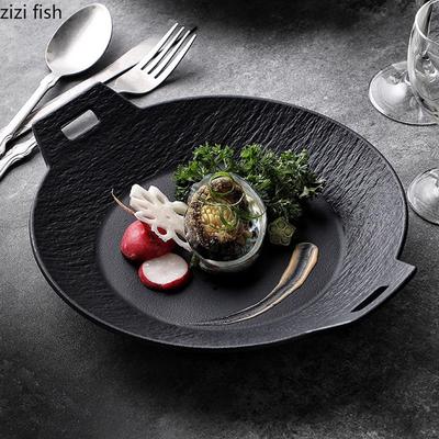 Solid Color Ceramic Double Ear Plate Restaurant Deep Plate Salad Plate Pasta Dessert Plates Molecular Cooking Creative Tableware