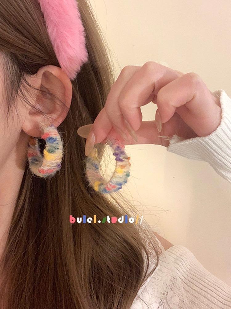 

S Silver Needle Flocking Autumn and Winter Plush Earrings Earrings Women s Colorful Niche Design Rainbow Woolen Earrings Earrings Women