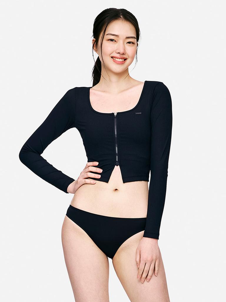 BARREL Women'S Nautical Ribbed Crop Zip-Up Rash Guard Black (B5Swwcz021Blk)