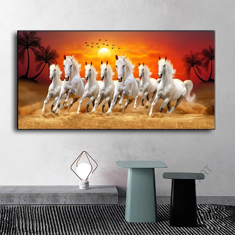 Seven Horses Running In Sand Canvas Painting Wall Art Sunrise Horse Group Posters and Prints for Living Room Wall Decor Cuadros