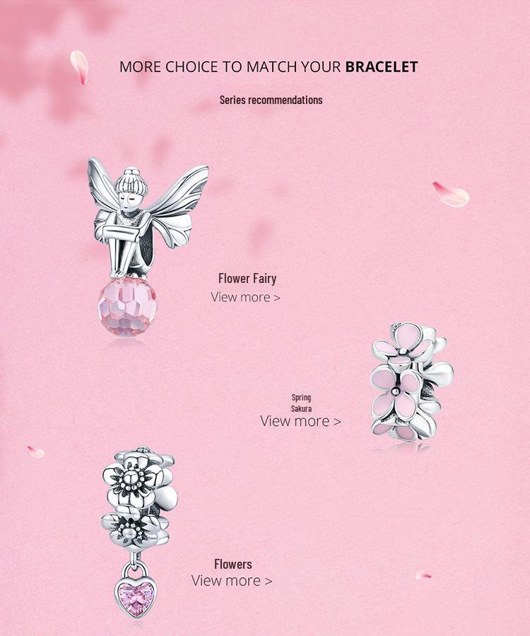 Sterling Silver Pink Four-Leaf Flower Beaded Bracelet Spacer Jewelry