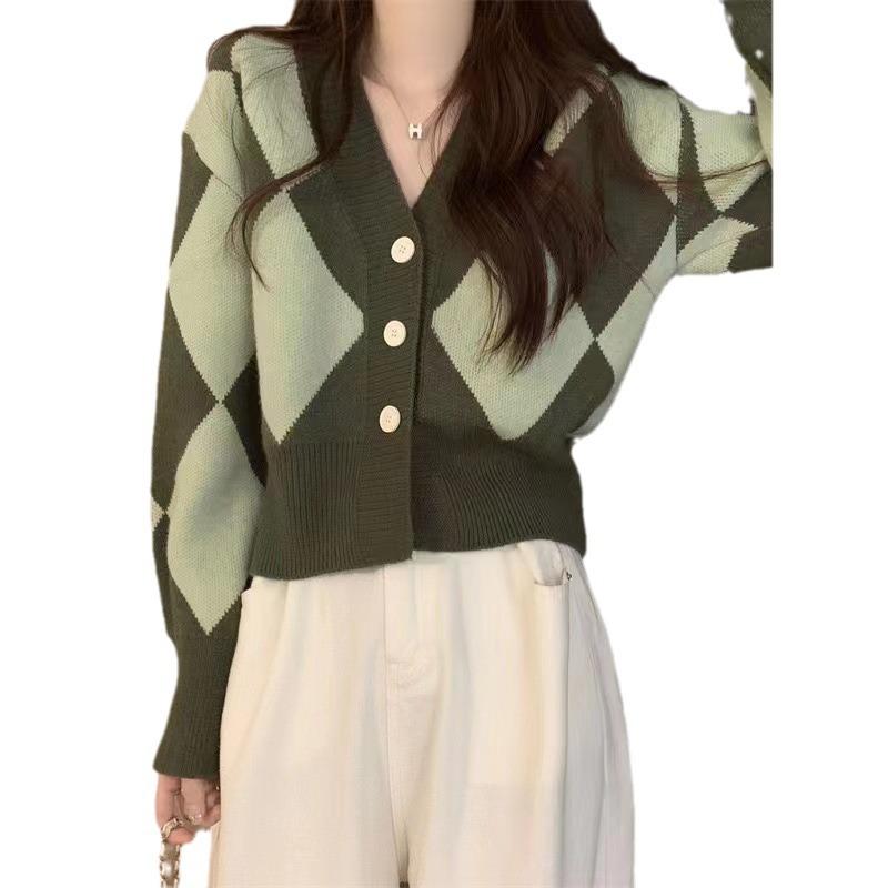 Small short outer rhombus v-neck knitted cardigan women's autumn loose long-sleeved sweater small coat top