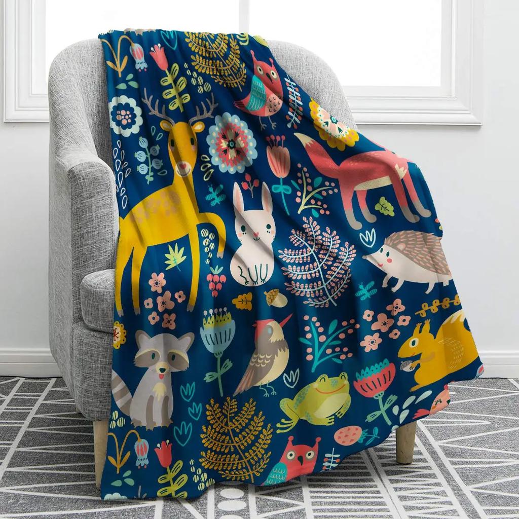 Cartoon Forest Animals Blanket Soft Warm Deer Rabbit Owl Fox Print Throw Blanket for Teens Adults Gift Sofa Chair Bed Office
